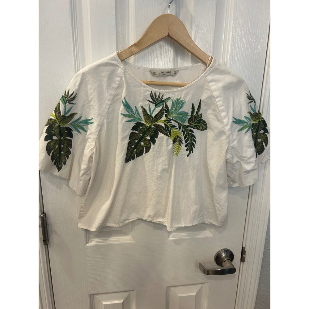 Zara Basic White Tropical Leaf Beach Vacation Emb… - image 1
